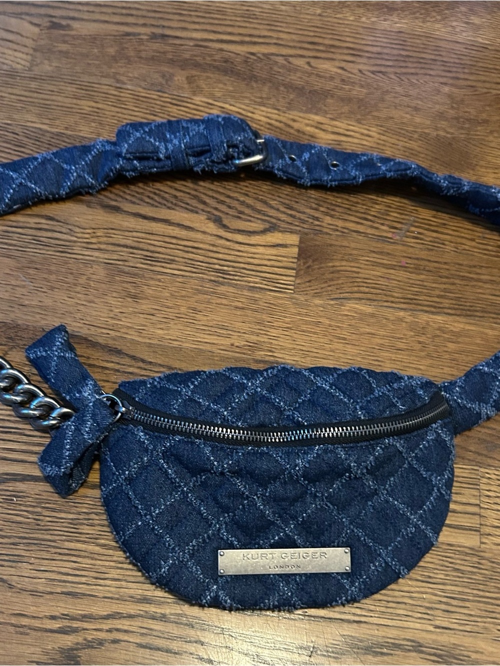 Kurt Geiger Quilted Denim Waist Bag in Deep Blue 9”x6.5”